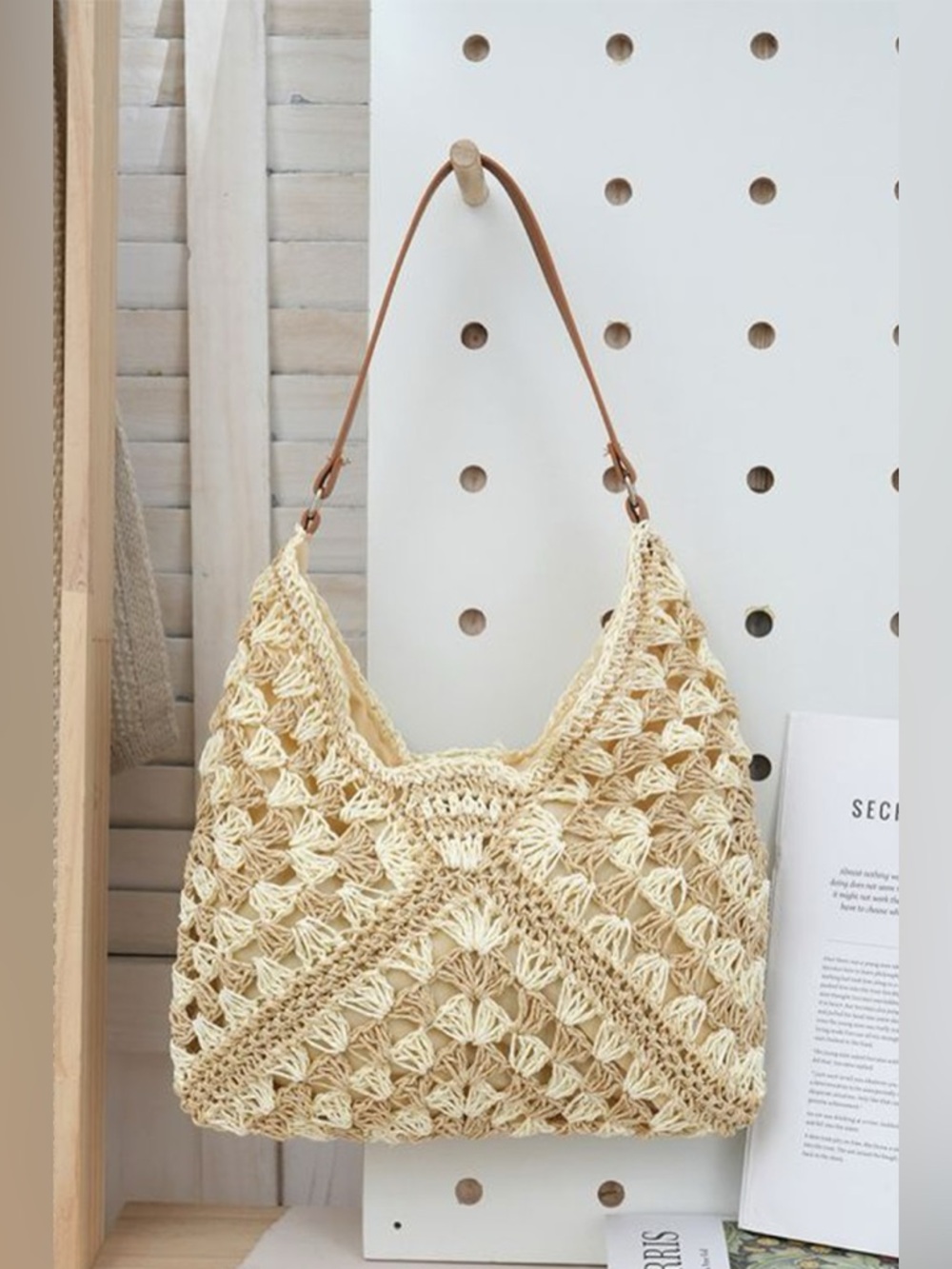 The “Solstice” Woven Crochet Straw Hobo Bag | Beige - Picture 3 of 6